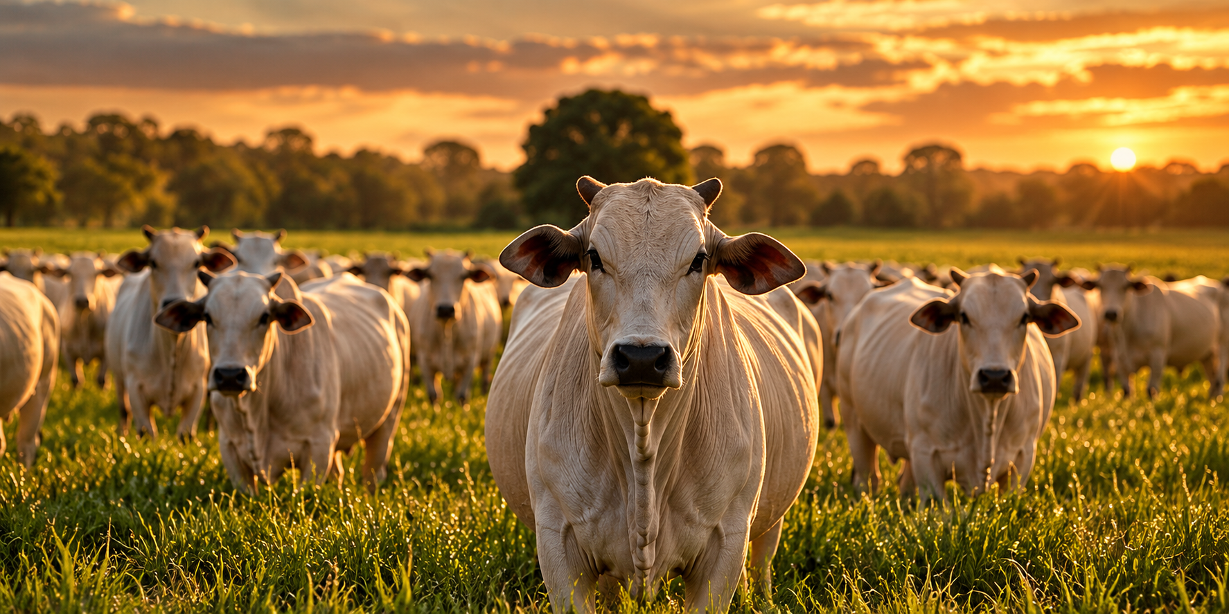 Rebanho de bovinos Nelore em pastagem ao pôr do sol — imagem ilustrativa